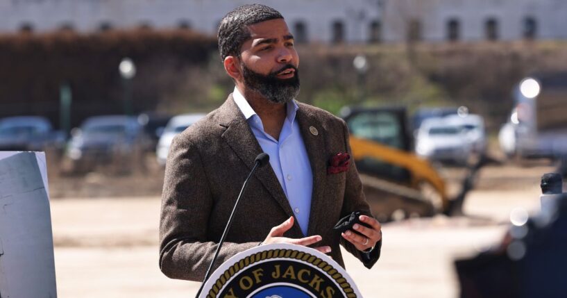 Jackson Mayor Chokwe Antar Lumumba speaks during a press conference on March 8, 2021, in Jackson, Mississippi.