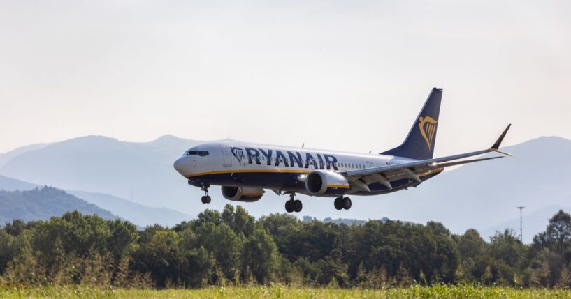 A Boeing 737 MAX 8-200 passenger aircraft, operated by Europe's leading low-cost airline Ryanair, lands at Il Caravaggio International Airport on July 11, 2026, in Orio al Serio, near Bergamo, Italy.
