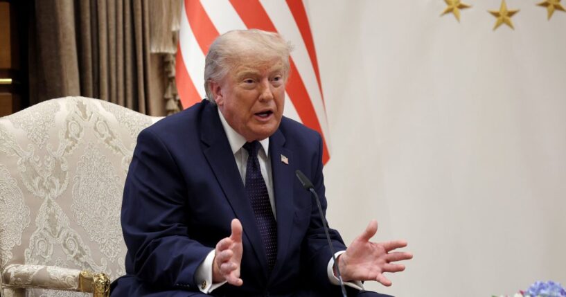 President Donald Trump gestures as he speaks during a bilateral meeting at the Bestepe Presidential Compound, following Trump’s arrival to attend the annual NATO Summit on July 7, 2026, in Ankara, Turkey.