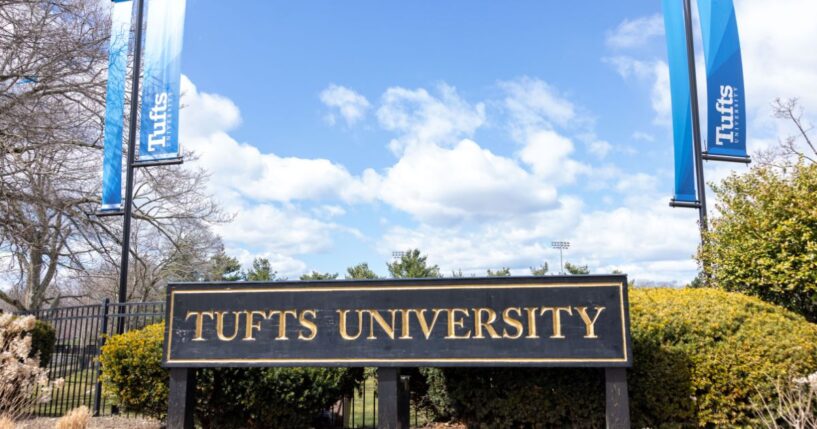 Signage on the Tufts University campus on March 27, 2025, in Somerville, Massachusetts.