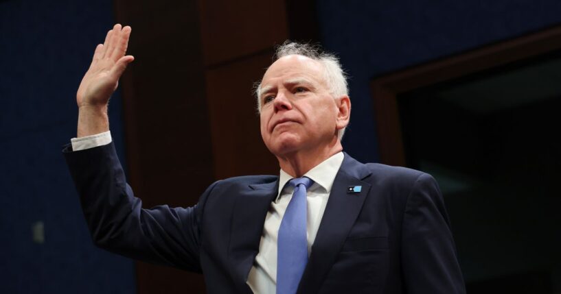 Minnesota Gov. Tim Walz is sworn in as he testifies during a House Oversight and Government Reform Committee hearing in the U.S. Capitol Building on March 4, 2026, in Washington, D.C.