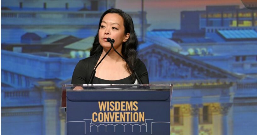 Wisconsin gubernatorial candidate Francesca Hong speaks on stage during Wisconsin Democrats 2026 Convention on June 14, 2026, in Madison, Wisconsin.