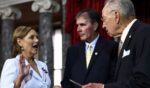 Sen. Darline Graham Nordone participates in a ceremonial swearing-in with Sen. Chuck Grassley as her husband Larry Nordone looks on in the Old Senate Chamber at the U.S. Capitol on July 14, 2026, in Washington, D.C.