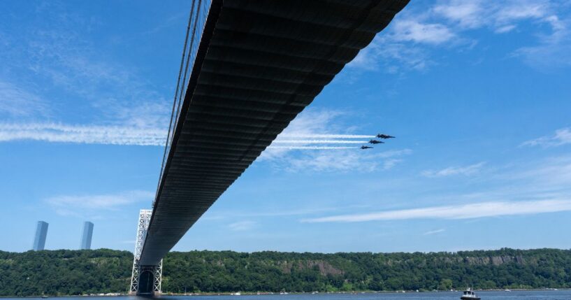 Blue Angel fighter jets fly over the George Washington Bridge on July 4, 2026, in New York City.