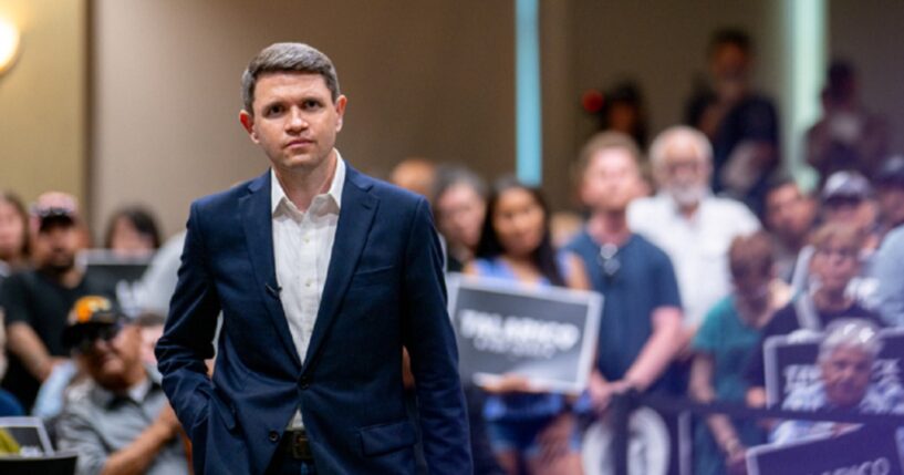 Democratic U.S. Senate candidate James Talarico listens to a question during a July 13 town hall in Eagle Pass, Texas. A town hall in Houston on Monday led to a tough few minutes for the candidate. (Brandon Bell / Getty Images)
