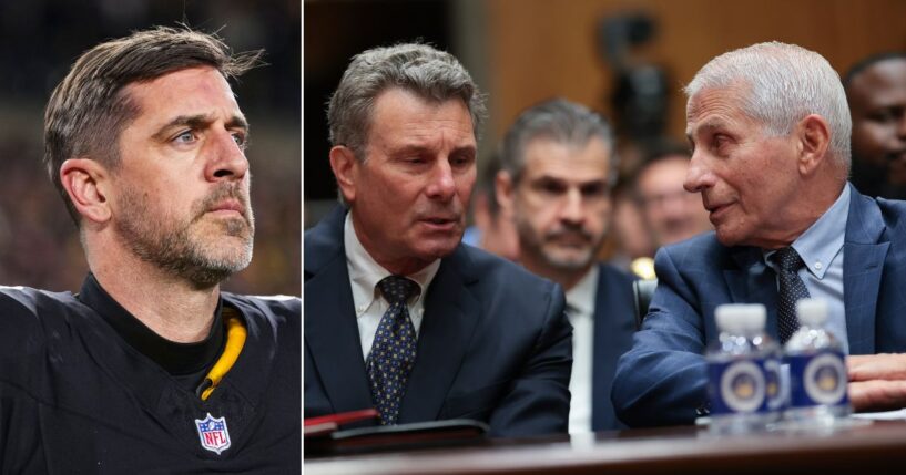 Former NIH Director Anthony Fauci, right, consults with his attorney David Schertler as he testifies before a Senate Homeland Security and Governmental Affairs Committee hearing July 29 in Washington, D.C. Pittsburg Steelers quarterback Aaron Rodgers, left, was unrepentant for his harsh criticism of Fauci Monday on live TV.