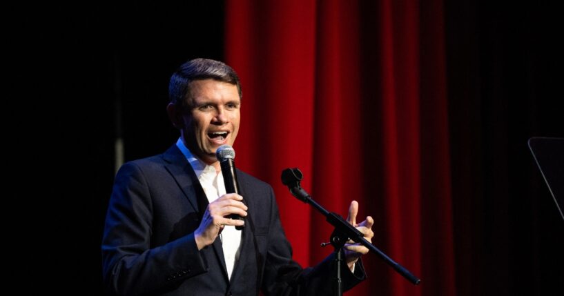 Democratic candidate for U.S. Senate James Talarico speaks during a campaign rally as part of his