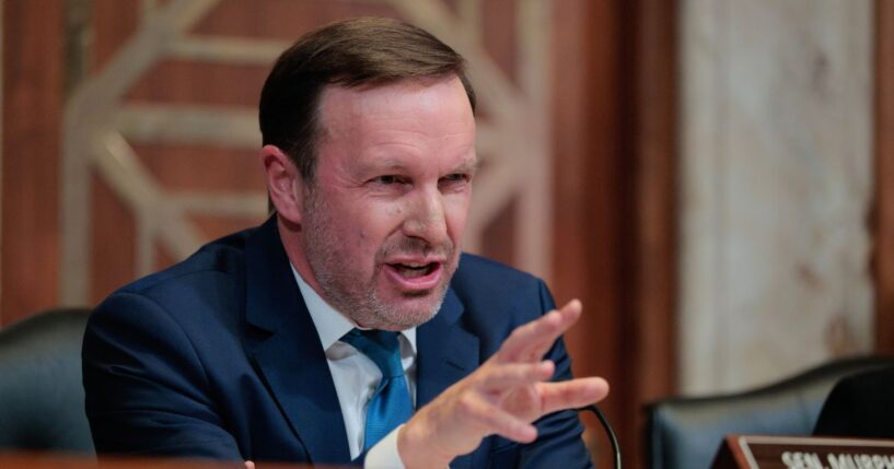 Senate Appropriations Subcommittee on the Department of Homeland Security ranking member Sen. Chris Murphy questions Secretary of Homeland Security Markwayne Mullin during a hearing in the Dirksen Senate Office Building on Capitol Hill on June 2, 2026, in Washington, D.C.