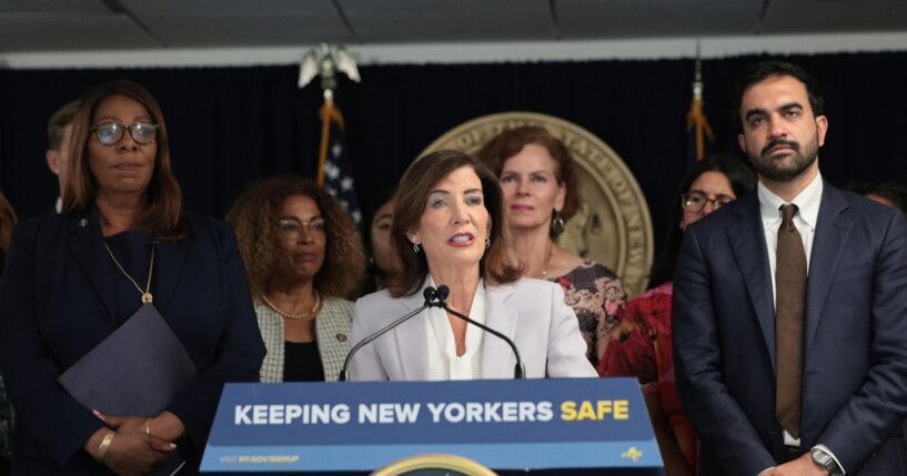 New York Gov. Kathy Hochul speaks as New York Attorney General Letitia James and New York City Mayor Zohran Mamdani listen during a press conference on Immigration and Customs Enforcement actions on Aug. 12, 2026, in New York City.