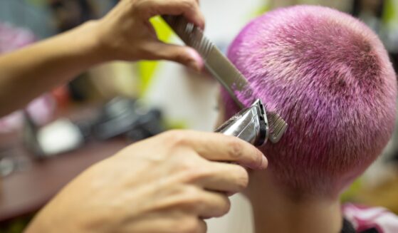 A female hairdresser giving a hairstyle to a young woman with pink dyed short hair.