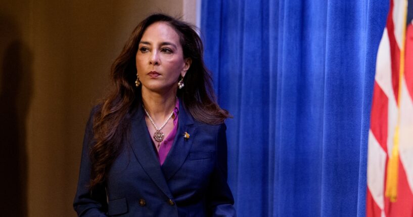 Assistant Attorney General for Civil Rights Harmeet Dhillon arrives for a news conference at the Justice Department on Sept. 29, 2025, in Washington, D.C.