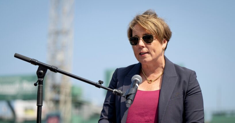 Massachusetts Gov. Maura Healey speaks to commemorate the 10th anniversary of the Frates Foundation Ice Bucket Challenge on Aug. 1, 2024, at Fenway Park in Boston, Massachusetts.