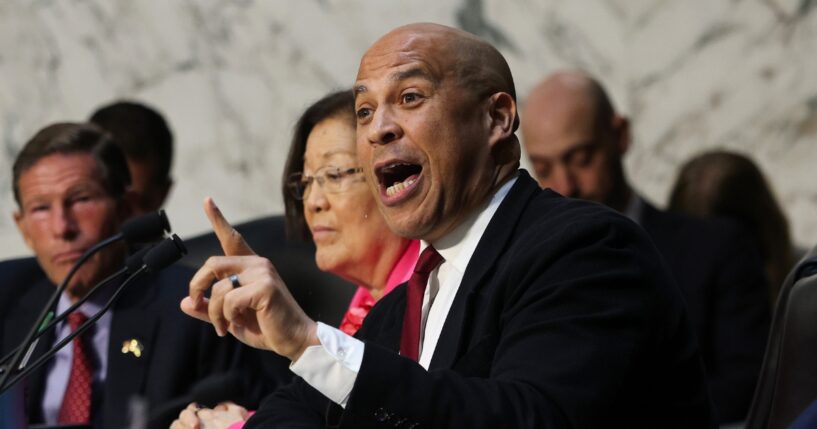 Sen. Cory Booker speaks as members of the Senate Judiciary Committee gather to vote on the nomination of Todd Blanche to be U.S. Attorney General on Capitol Hill on Aug. 4, 2026, in Washington, D.C.