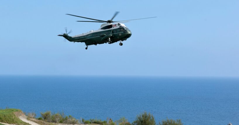 Marine One carrying President Donald Trump arrives at the Trump National Golf Club Los Angeles on Aug. 4, 2026, in Rancho Palos Verdes, California.