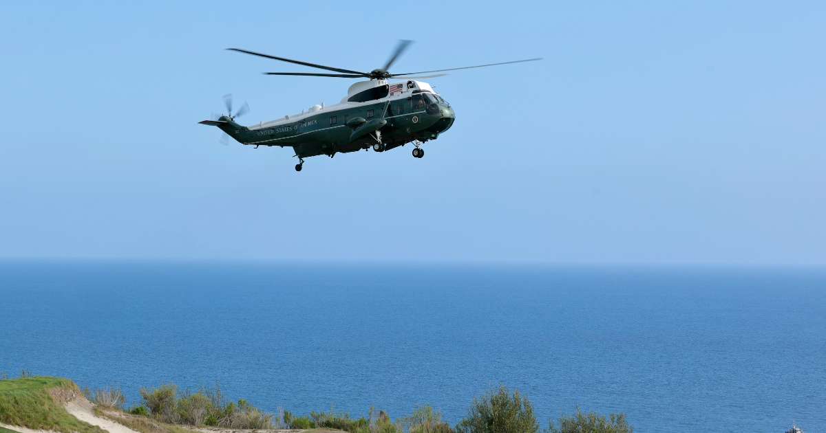 Marine One carrying President Donald Trump arrives at the Trump National Golf Club Los Angeles on Aug. 4, 2026, in Rancho Palos Verdes, California.