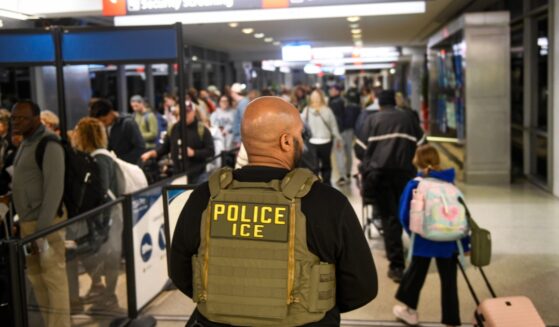 An ICE agent stands alongside a long line of travelers waiting to pass through a TSA Checkpoint at the Philadelphia International Airport on March 28, 2026, in Philadelphia, Pennsylvania.