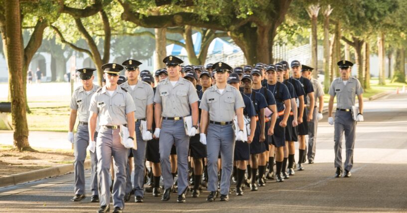 Incoming Citadel freshmen march to have their hair cut at The Citadel, The Military College of South Carolina, on Aug. 19, 2013, in Charleston, South Carolina.