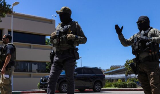 Immigration and Customs Enforcement agents stand guard outside the Ventura County Government Center in Ventura, California, on July 27, 2026.