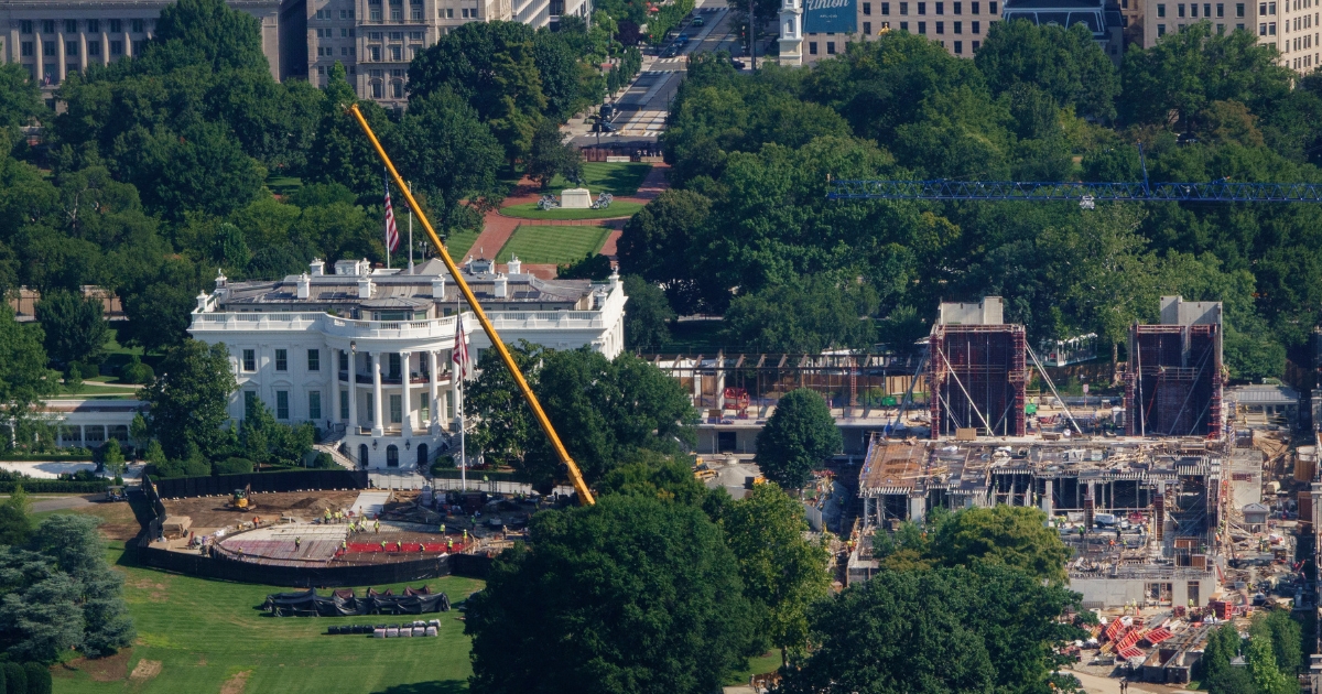 Construction continues on a new helipad on the South Lawn of the White House and the East Wing ballroom on Aug. 6, 2026, in Washington, D.C.