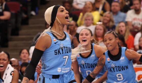 DiJonai Carrington of the Chicago Sky reacts against the Indiana Fever during the first half at United Center on Aug. 8, 2026, in Chicago, Illinois.