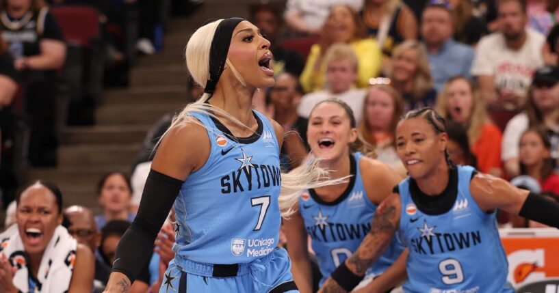 DiJonai Carrington of the Chicago Sky reacts against the Indiana Fever during the first half at United Center on Aug. 8, 2026, in Chicago, Illinois.