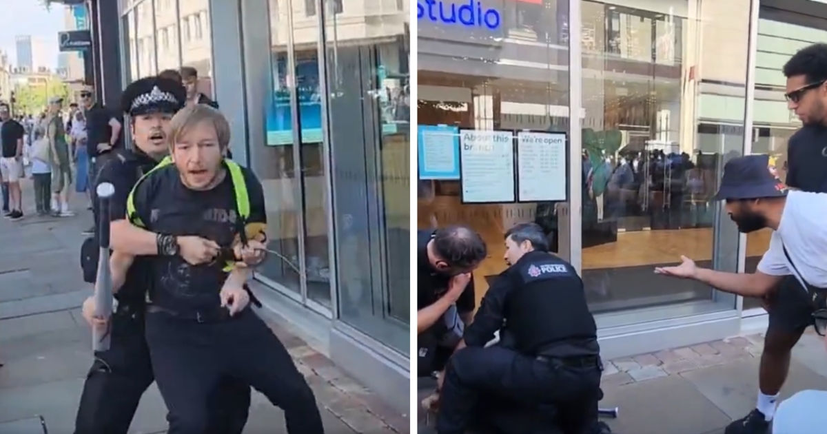 A man in Manchester, United Kingdom, is detained after purchasing a baseball bat, according to British activist Tommy Robinson on Aug. 9, 2026.