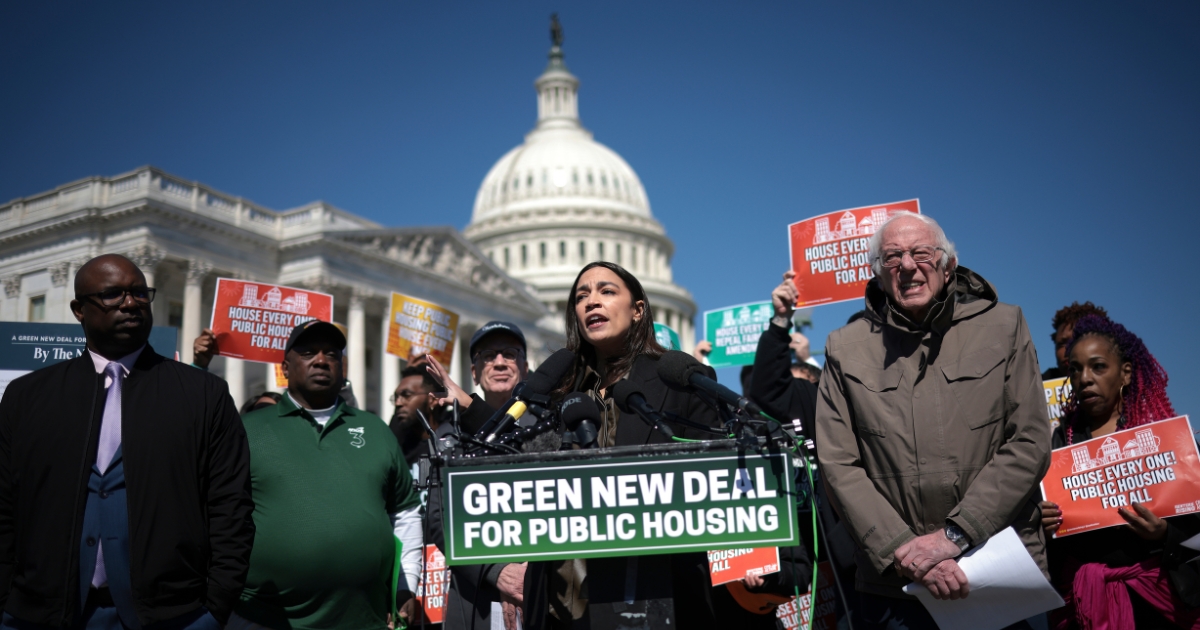 Rep. Alexandria Ocasio-Cortez speaks during a press conference with Sen. Bernie Sanders outside the U.S. Capitol on March 21, 2024, in Washington, D.C.
