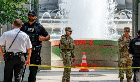 Vandalism can be seen at the World War II Memorial on Aug. 13, 2026, in Washington, D.C.