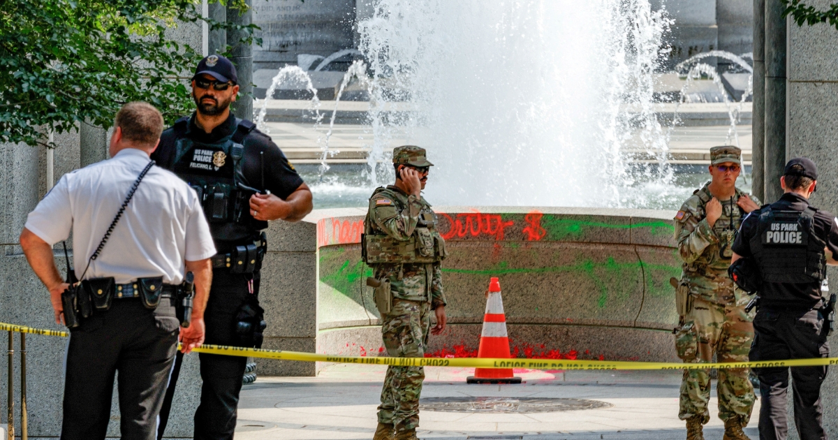 Vandalism can be seen at the World War II Memorial on Aug. 13, 2026, in Washington, D.C.