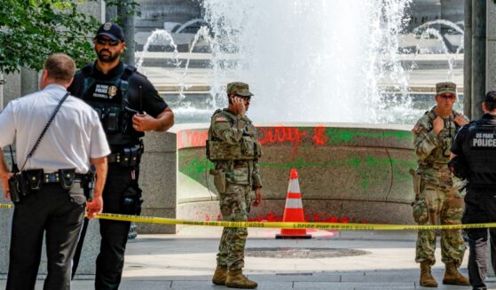 Vandalism can be seen at the World War II Memorial on Aug. 13, 2026, in Washington, D.C.