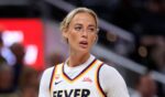 Sophie Cunningham of the Indiana Fever looks on against the New York Liberty during the first half at Gainbridge Fieldhouse on Aug. 11, 2026, in Indianapolis, Indiana.