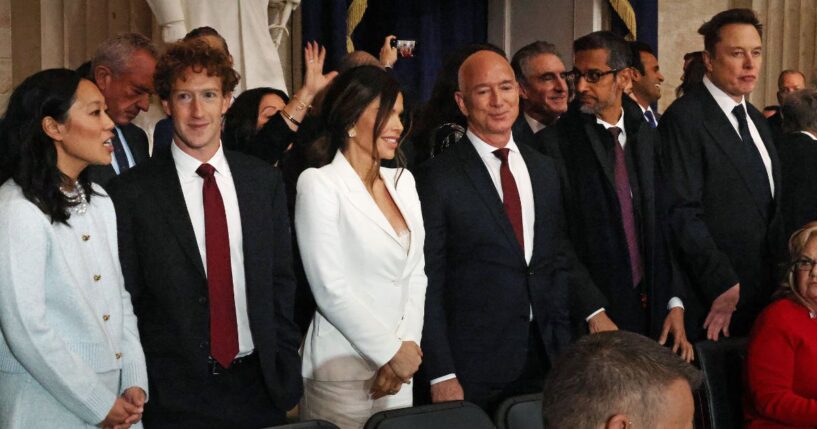 Priscilla Chan, Meta founder Mark Zuckerberg, Lauren Sanchez, Amazon founder Jeff Bezos, Google CEO Sundar Pichai, and Tesla CEO Elon Musk attend the inauguration ceremony before Donald Trump is sworn in as the 47th US President in the U.S. Capitol Rotunda in Washington, D.C., on Jan. 20, 2025.