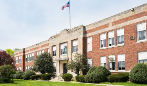 The exterior view of a typical American school building seen on a spring day.