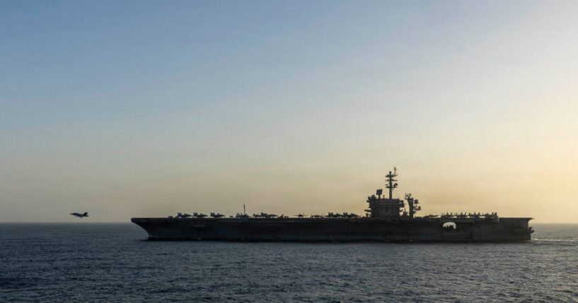 USS Abraham Lincoln conducts U.S. blockade operations related to the Strait of Hormuz on April 16, 2026, in the Arabian Sea.