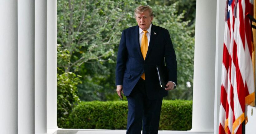 President Donald Trump arrives to speak in the Rose Garden of the White House in Washington, D.C., on Aug. 24, 2026.