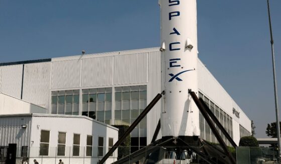 A SpaceX Falcon 9 rocket is displayed at a SpaceX facility on Aug. 4, 2026, in Hawthorne, California.