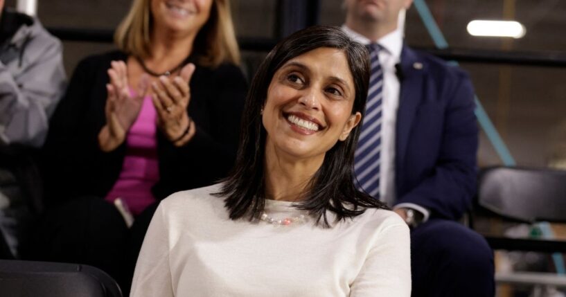 Second Lady Usha Vance listens to her husband Vice President J.D. Vance speak during a visit to the Engineering Design Services Inc. manufacturing facility in Auburn Hills, Michigan, on March 18, 2026.