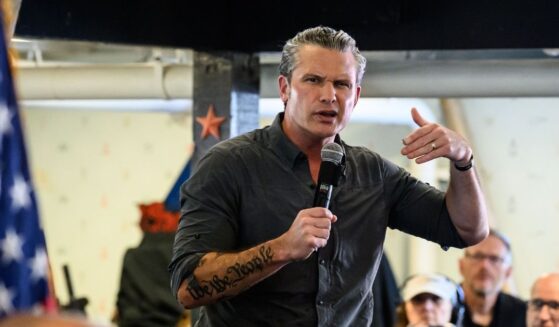 Secretary of War Pete Hegseth appears onstage at a campaign event for Republican candidate for Iowa's 3rd Congressional District Zach Nunn on day five of the Iowa State Fair on Aug. 17, 2026, in Des Moines, Iowa.
