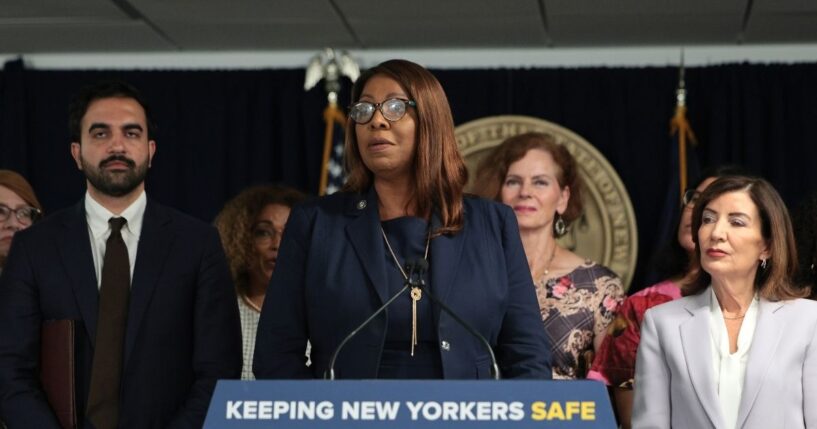 New York Attorney General Letitia James speaks as New York City Mayor Zohran Mamdani and New York Gov. Kathy Hochul listen during a press conference on Immigration and Customs Enforcement actions on Aug. 12, 2026, in New York City.
