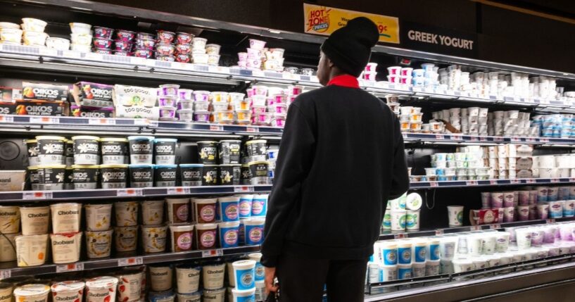People shop at a grocery store in Manhattan on Feb. 27, 2026, in New York City.