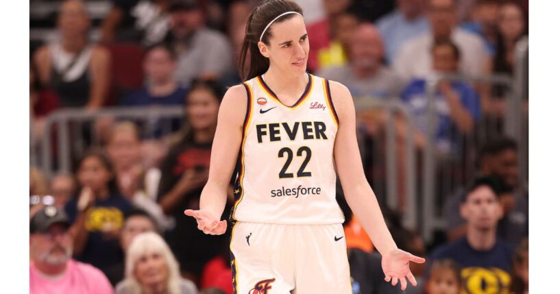 Caitlin Clark #22 of the Indiana Fever reacts against the Chicago Sky during the first half Saturday at United Center in Chicago, Illinois.