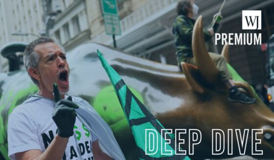 Climate activists hold a protest at the Charging Bull statue in Bowling Green near the New York Stock Exchange on April 22, 2025, in New York City.