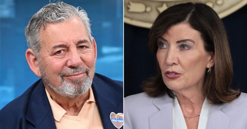 Billionaire James Dolan, left, owner of the NBA champion New York Knicks, is pouring millions into the campaign for Republican Bruce Blakeman, who is running to replace Democratic New York Gov. Kathy Hochul, right.
