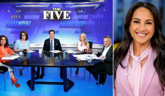 Emily Compagno, right, has been chosen to replace Jeanine Pirro, pictured at far left, on Fox News' "The Five." She'll be seen along with fellow panelists, from second left, Jessica Tarlov, Jesse Watters, Dana Perino and Greg Gutfeld.