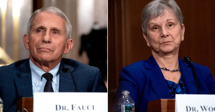 Dr. Anthony Fauci, Director of the National Institute of Allergy and Infectious Diseases, and Janet Woodcock, acting commissioner of the U.S. Food and Drug Administration, testify during a Senate Health, Education, Labor, and Pensions Committee hearing on July 20, 2021, in Washington, D.C.