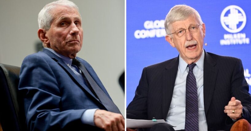 Anthony Fauci, left, turns in a Senate committee hearing to face a camera on July 29, 2026. Dr. Francis Collins, right, speaks to a forum at the Milken Institute Global Conference on May 2, 2022.