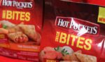 Hot Pocket Bites can be pictured from a red table.