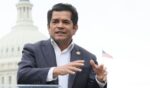 California U.S. Representative Jimmy Gomez speaks at the Say NO to Tax Breaks for Billionaires & Corporations rally near the Capitol Building on April 10, 2025.