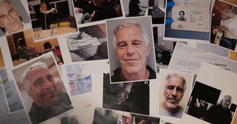 Pictures of Epstein are scrambled upon a wooden table.