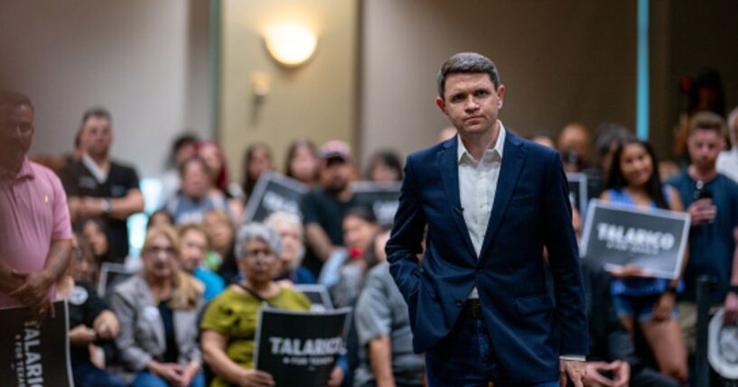 James Talarico, Democratic Senatorial candidate, stands looking defeated with a crowd on July 13, 2026 in Eagle Pass, Texas.